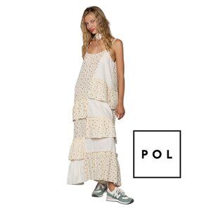 POL Butter Cream Layered Patchwork Maxi Dress – Tiered Floral, Oversized, Medium